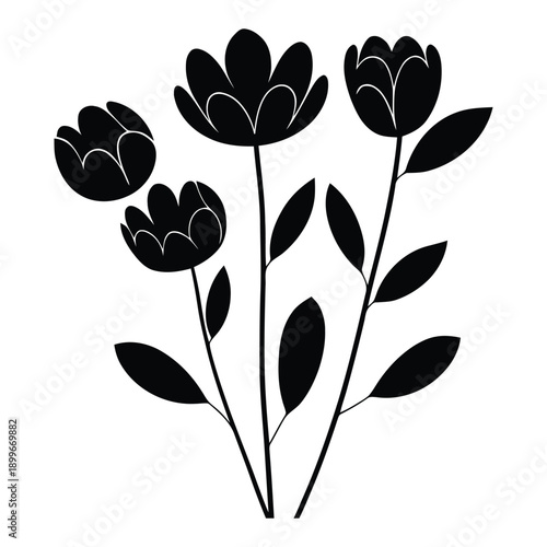 Elegant wildflower bouquet with blossoms and leaf stems vector silhouette, isolated on transparent and white backgrounds