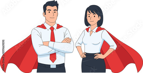 Business Superhero Man and Woman with Red Cape Confidence Leadership Concept Illustration