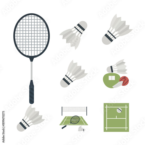 Badminton Equipment and Court Illustrations Set.