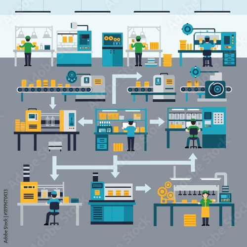 Manufacturing Process Flowchart with Workers and Machinery.
