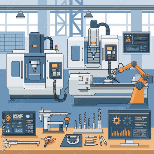 Industrial machinery and robotic arm in a modern manufacturing facility.