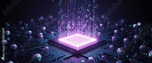 Qubit quantum computing. Superposition decoherence. Entanglement quantum encryption. Future computing. A futuristic quantum processor with a glowing qubit interior
