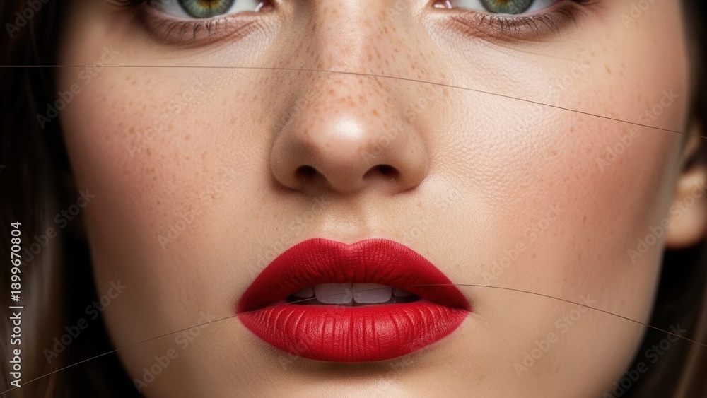 Naklejka premium close-up portrait of a woman's face with bold red lipstick and freckles