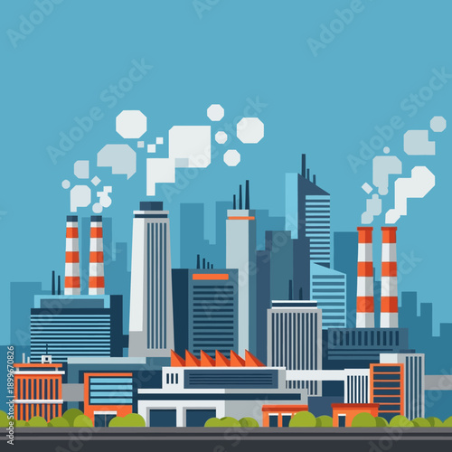Industrial cityscape with factories and smokestacks emitting pollution.