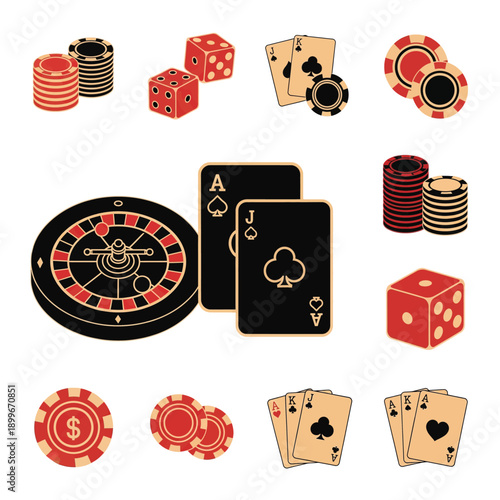 Casino Gambling and Games Collection with Dice, Cards, and Chips.