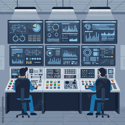 Two operators monitoring control panels in a modern industrial control room.