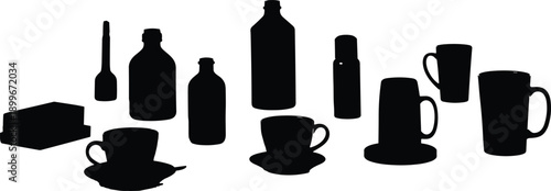 Bottle and cup silhouettes set, kitchen drinkware containers collection, flat vector illustration, isolated white background, minimal design