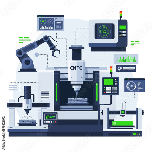 Advanced CNC Machining Center with Robotic Automation and Control Systems.
