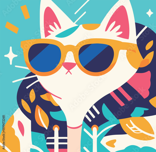 A cat wears bright sunglasses and stands in front of colorful tropical leaves. The design shows bold patterns and lively colors. This cat looks stylish and fun.