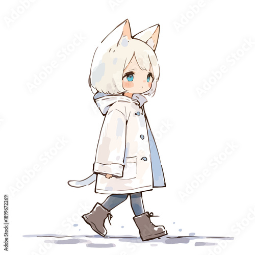 A child walks along the sidewalk wearing a winter coat with animal ears and a tail. The sun shines on the street, casting light shadows as the child moves forward.