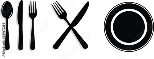 Cutlery and plate silhouettes with spoon, fork, knife icons isolated black vector on white background set