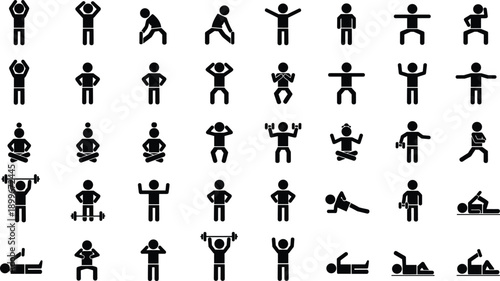 Fitness exercise silhouettes icons set with workout poses, weightlifting, stretching isolated black vector on white background