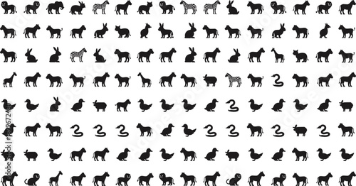 Farm and wild animal silhouettes collection with livestock, birds, reptiles isolated black vector on white background set