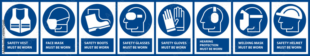 Fototapeta premium Mandatory sign set, Protective workwear icons, Safety work equipment and protective clothing, Construction safety labels