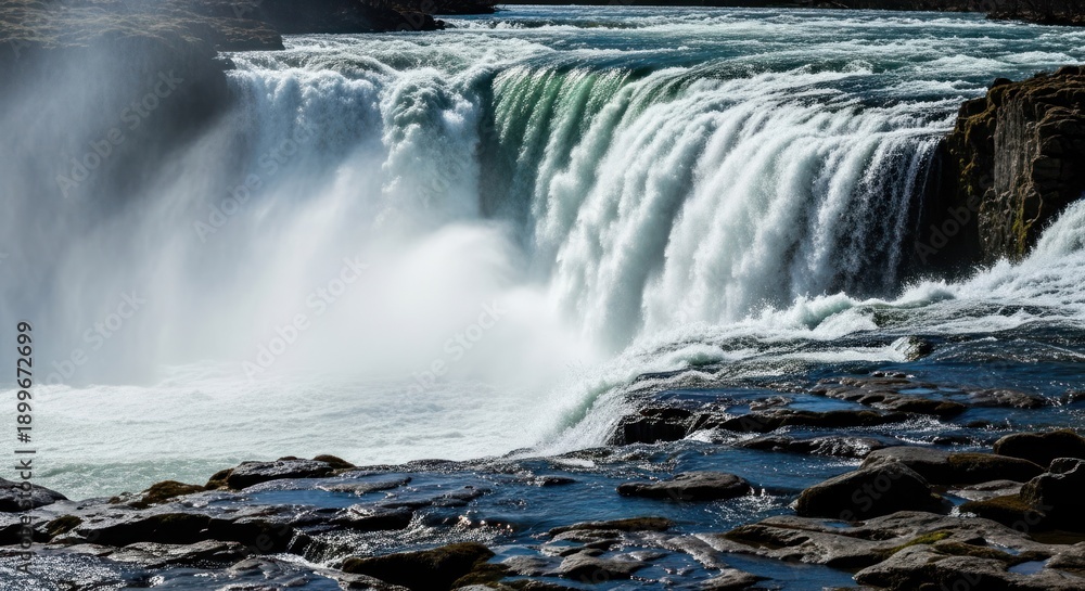 Obraz premium Majestic waterfall cascading over rocky cliffs, creating a misty spray in the sun