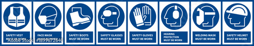 Mandatory sign set, Protective workwear icons, Safety work equipment and protective clothing, Construction safety labels