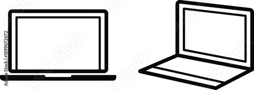 Laptop outline icons front and perspective views, isolated black vector computer symbols on white background set
