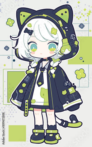 A girl with white hair wears a cat-themed outfit featuring a hood with cat ears. She stands in front of a colorful background with shapes and bright colors.