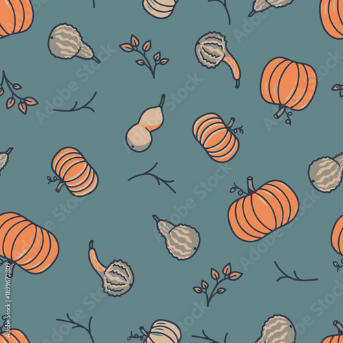 Seamless autumn pumpkin pattern on teal. Hand drawn gourd and squash background. Fall harvest thanksgiving textile design.