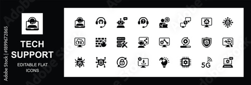 Tech support flat icon set. Includes IT support, troubleshooting, customer help desk, cybersecurity, system backup, AI assistance, problem solving, network, hardware repair, Vector illustration	