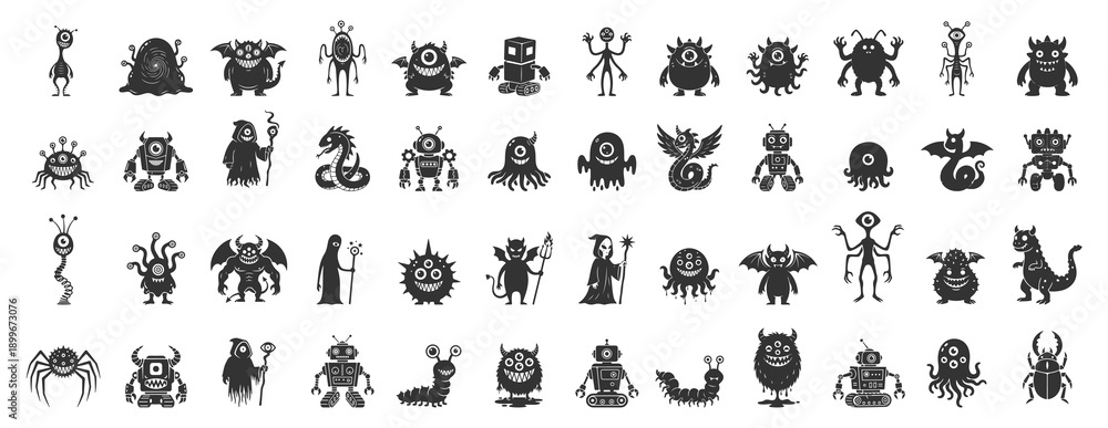 Obraz premium Collection of Cute One Eyed Monsters, Fantasy Doodles, Hand Drawn