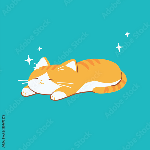 A cute cat with orange stripes is lying down on a bright blue surface. The cat appears relaxed and content as it takes a nap.
