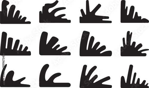 A collection of 12 identical black hand silhouettes with varying finger positions on a white background for design and artistic use
