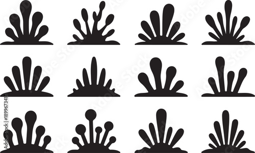 A collection of nine identical black silhouettes of plants or fungi with varying numbers of spores or petals