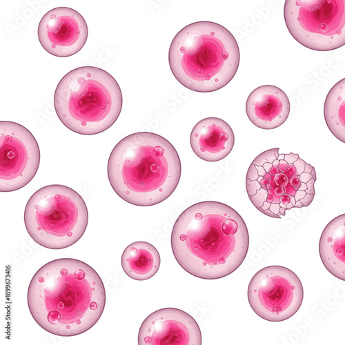 Isolated a realistic Encapsulated pink serum molecules for cosmetic ingredient technology 3D render vector art with white background..