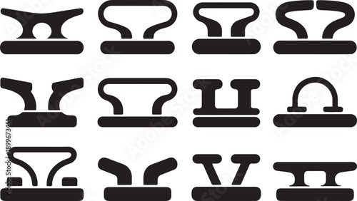 Collection of various binder clip icons in black silhouette on white background