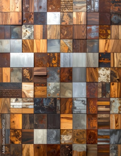Close-up of wall mosaic made of wood and metal squares