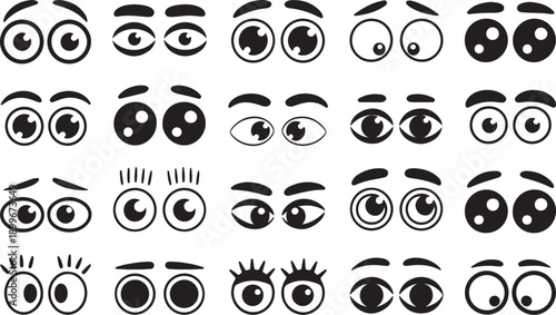 A collection of 20 different cartoon eyes and eyebrows with various expressions