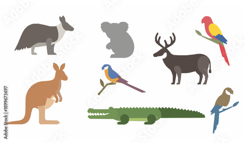 Australian Wildlife Flat Vector Icon Set with Kangaroo Koala and Crocodile