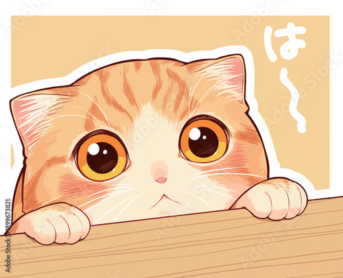An orange cat looks up from behind a wooden surface with large, round eyes. The background is simple and bright. The cat seems curious and playful.