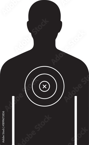 Black human figure target with bullseye crosshair for shooting range practice