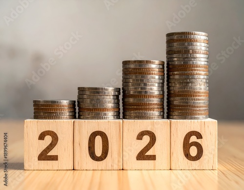 Stacks of coins on 2026 blocks, symbolizing financial growth (1)