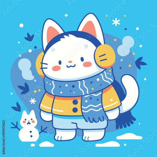A cartoon cat character wears earmuffs and a scarf in winter clothing. The cat stands next to a small snowman against a blue background with snowflakes.