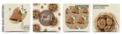 Sustainable Easter Eco-Friendly Design Collection Set. Perfect for eco-conscious branding, packaging, and seasonal marketing. Ethical easter event. Cards set. Happy easter. Vector illustration