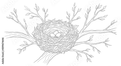 Detailed line drawing of a bird's nest with three eggs nestled among tree branches and leaves.