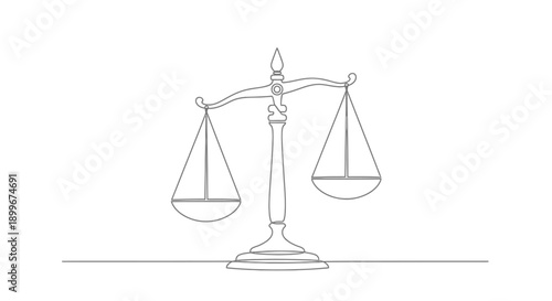 Continuous line drawing of a classic balance scale, symbolizing justice, fairness, and equilibrium.