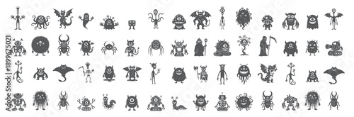 Monster Icons, One Eye Character Design, Hand Drawn Line Art
