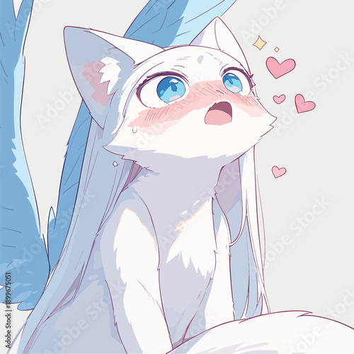 A white fox with wings looks up with blue eyes. It displays emotion with hearts around its head. The scene shows a playful and cute character expression.