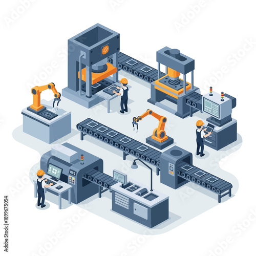 Automated Industrial Production Line with Robotic Arms and Machinery.