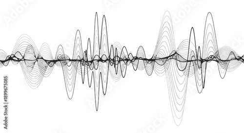 Abstract visualization of sound waves, depicting complex audio frequencies and amplitudes in a dynamic, flowing pattern.
