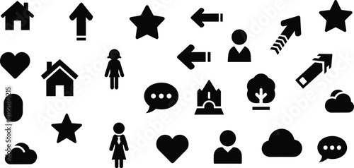 User interface icons set, arrows home user chat symbols, flat vector illustration, isolated white background, modern design