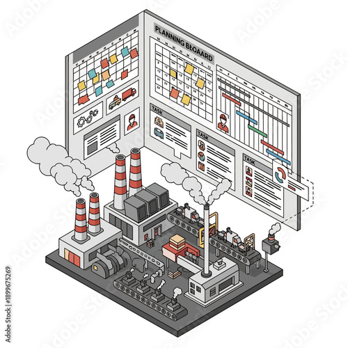 Industrial factory production line with planning and scheduling boards.