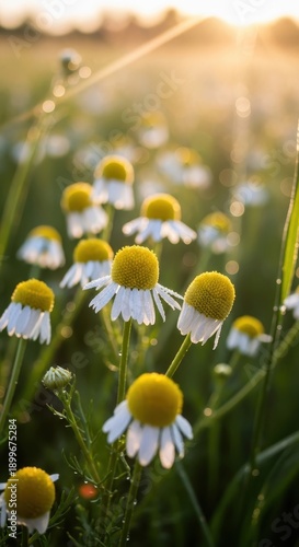 Chamomile field at sunset - a serene meadow of healing flowers.