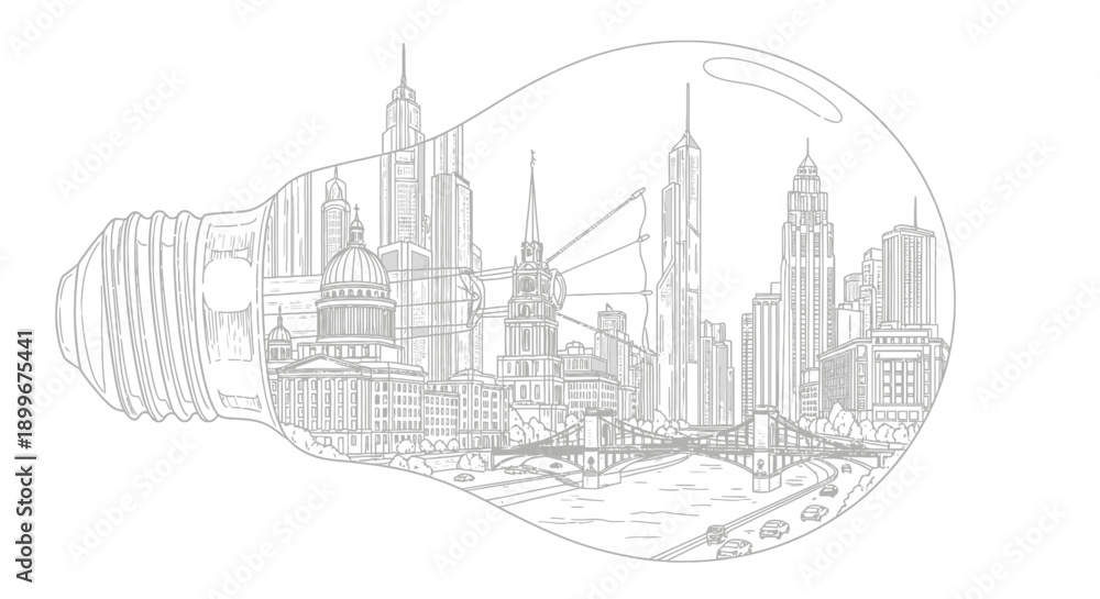 Fototapeta premium a-city-inside-a-light-bulb-line-art.