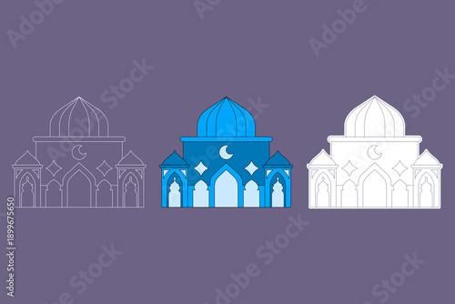 Mosque illustration with three different styles. Grand classic mosque with a calm blue color combination. Ramadan theme. Vector illustration.