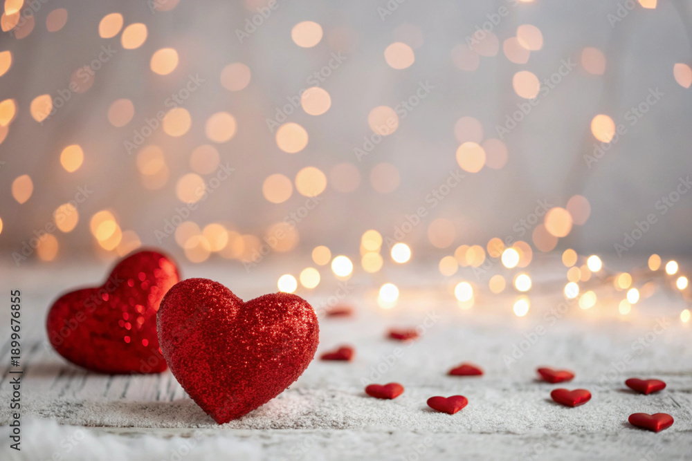 Fototapeta premium Romantic Valentine’s Day background with red glowing lights, soft bokeh effect, dreamy atmosphere, clean composition, stock photography style, copy space, no text, no people 